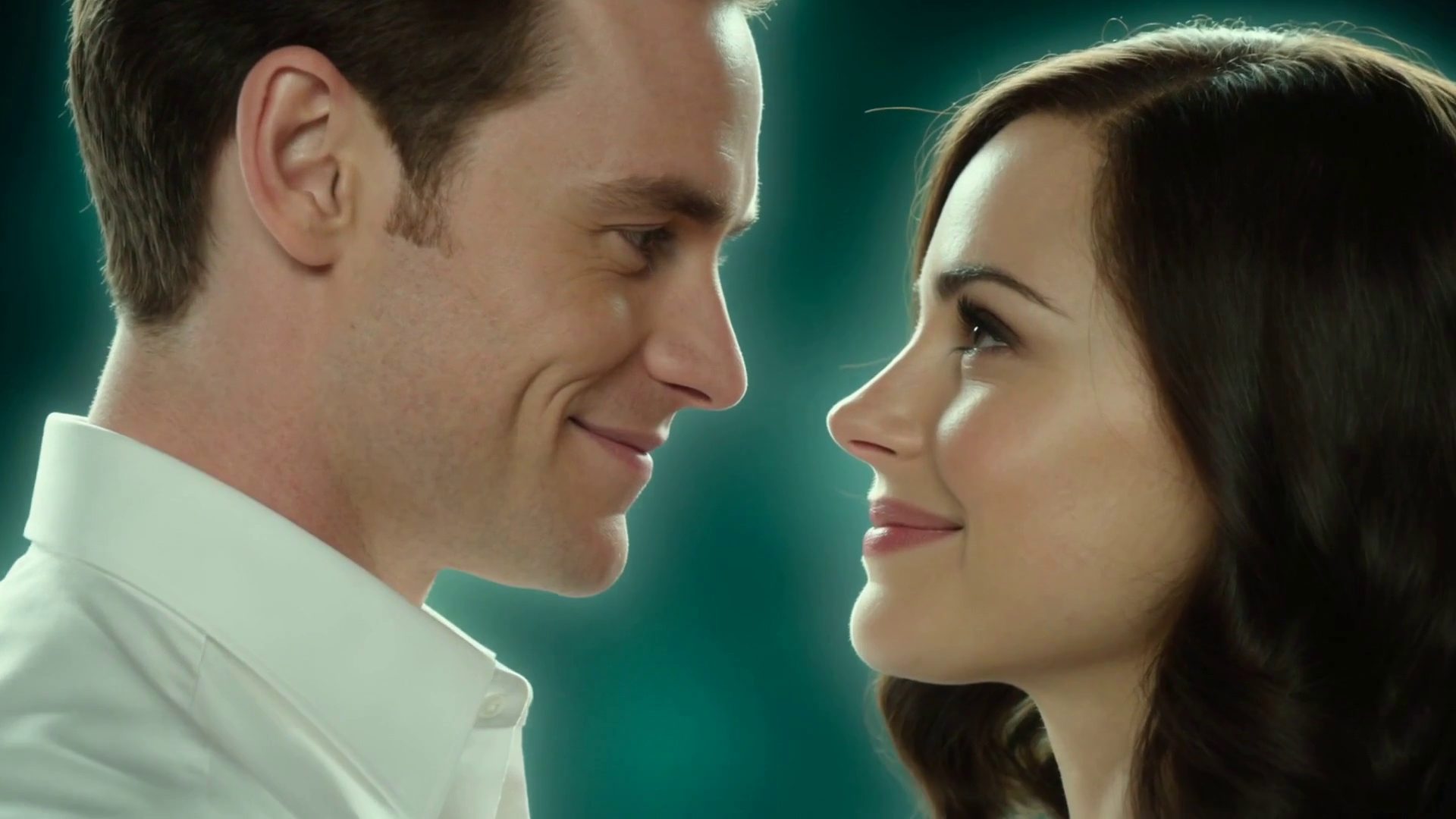 Two strangers in masks dance closer together; as their chemistry reaches 100% they take their masks off and smile at each other.